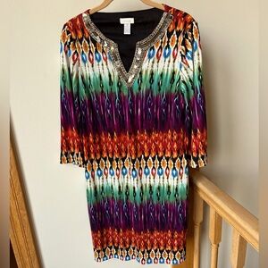 Chico’s Ikat Embellished V Neck Multicolor Midi Dress Size 0 = 6